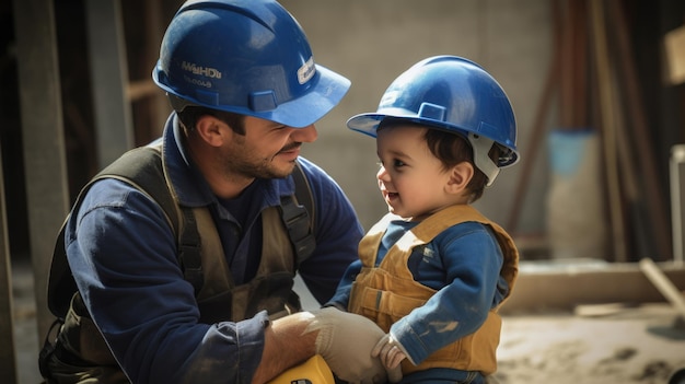 Vader en zoontje spelen realistische bouwvakkers in speciale uniformen op een bouwplaats