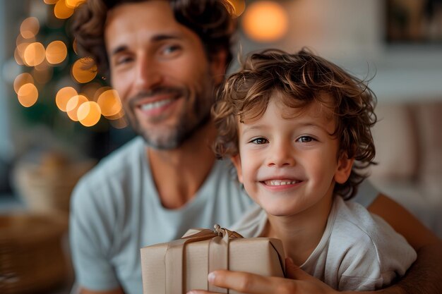 Vader geeft zijn jonge zoon een geschenkpakket als verrassing voor zijn verjaardag Concept geschenk