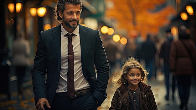 Vader in zakenpak loopt met zijn kind dochter naar school langs het pad in de stad Gelukkige vadersdag concept achtergrond Liefde familie