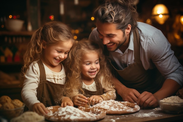 Vader is kerstkoekjes aan het bakken met zijn kinderen wintervakantie zelfgemaakte peperkoekfamilie