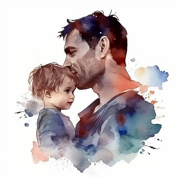 Vader knuffelt zijn zoontje Happy Father's day Aquarel illustratie op witte achtergrond