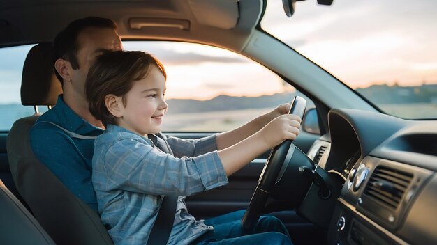 Vader leert kleine zoon rijden op wegreis