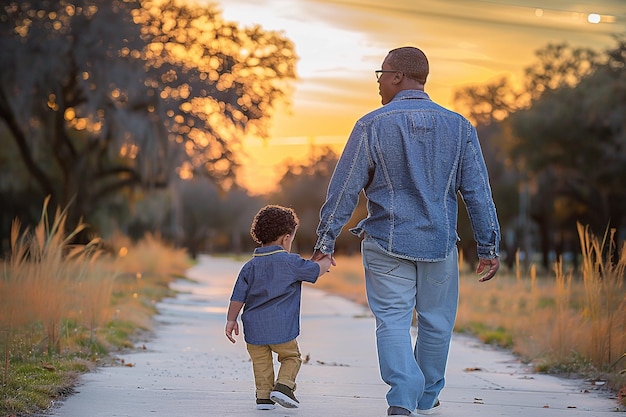 vader loopt met zijn zoon in de hand ze lopen door het park