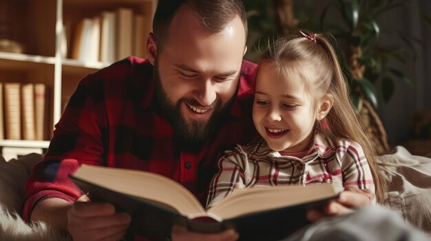 Vader met Down-syndroom dochter die thuis samen een boek leest