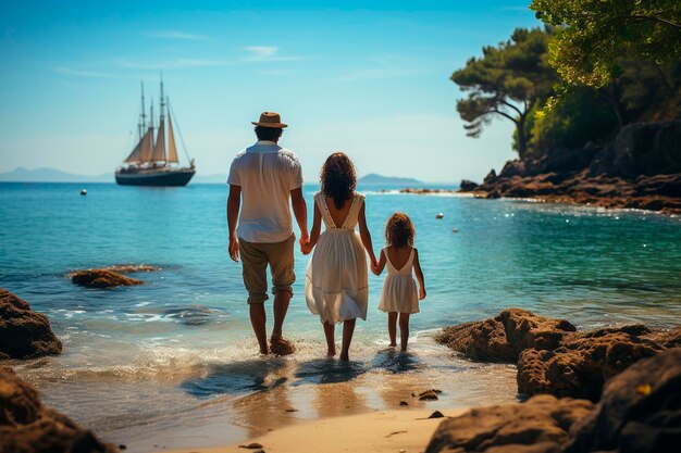 Vader met kinderen op het strand tijdens vakantiegeneratieve ai