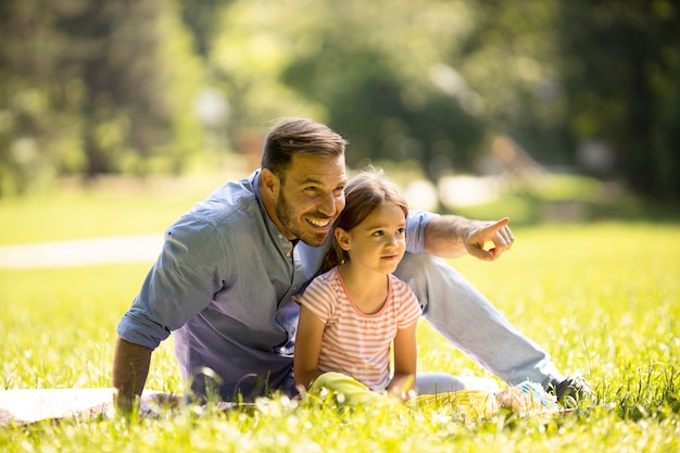 Vader met schattige kleine dochter die plezier heeft op het gras in het park