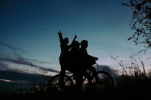 Vader met zijn zonen op een weekendexcursie op de fiets op een zomerse dag in een prachtig landschap