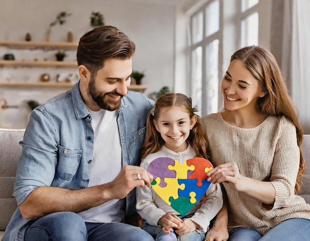 Foto vader moeder kinderen met een hart puzzel kleur puzzel symbool van bewustzijn voor autisme spectum