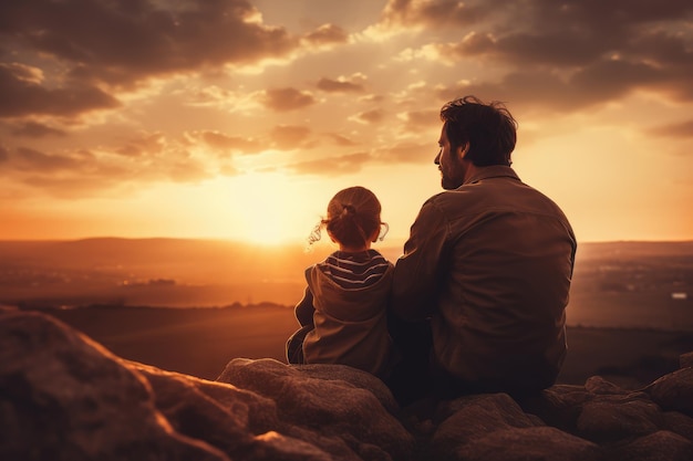 Vader Zit Naast Zoon Kijken Naar Zonsondergang Vaderdag Viering Afbeelding