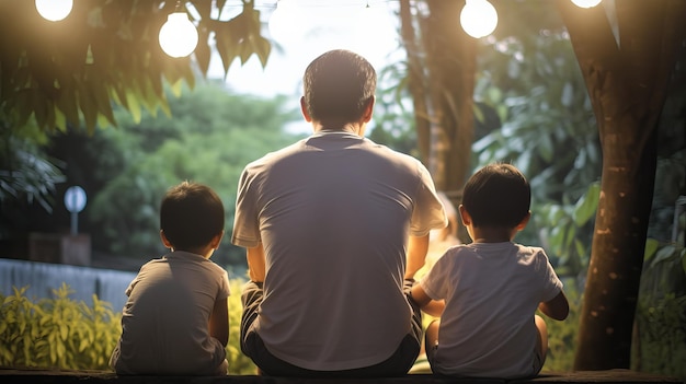 Vaderdagillustratie Achteraanzicht van vader die met zijn kinderen zit Generatieve Ai