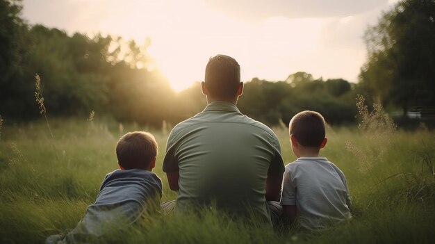 Vaderdagillustratie Achteraanzicht van vader die met zijn kinderen zit Generatieve Ai