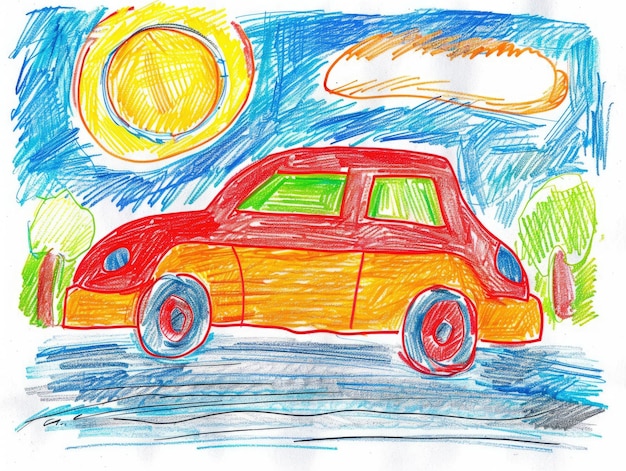 Foto vadersdag auto tekening door kind kleurrijke greeting card met gelukkige vader en kinderen thema