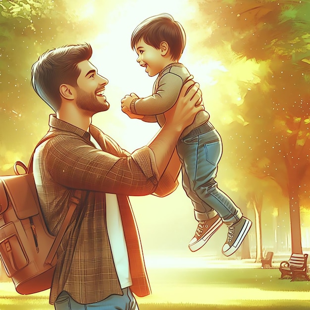 Vadersdagviering vader en kind genieten van een hartverwarmend moment in het park gegenereerd ai