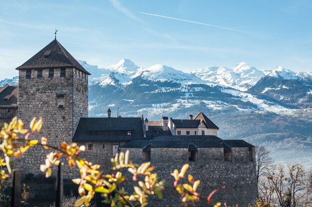 Vaduz castle on snow mountains