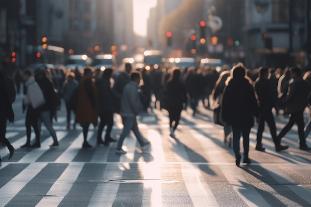 Vage menigte van onherkenbare zakenmensen die op Zebra-oversteekplaats lopen tijdens de werkdag van het spitsuur