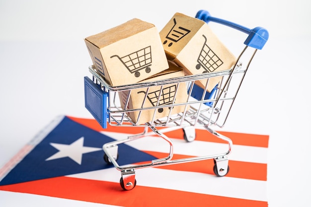 Vak met winkelwagenlogo en vlag van Puerto Rico Import Export Winkelen online of eCommerce Finance Delivery Service Store Product Shipping Trade Supplier Concept