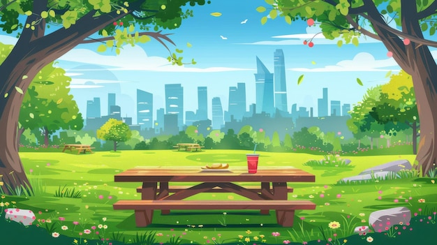 Vakante openbare tuin met houten picknicktafel en banken groene bomen bloemen en stadsgebouwen op de skyline Moderne cartoon zomerlandschap met eten op de tafel en dranken op de grond