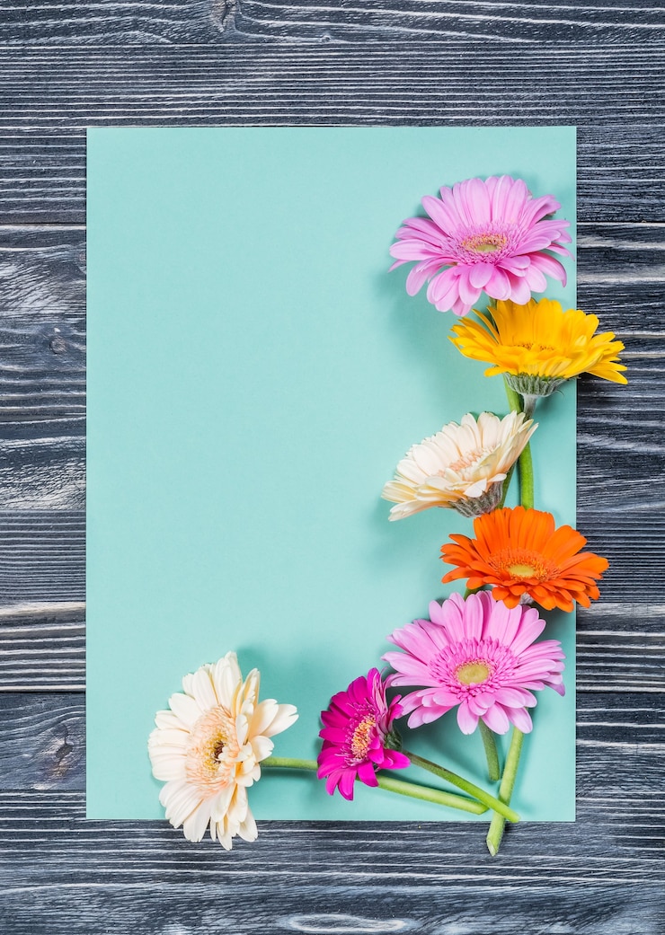Foto vakantie ansichtkaart met leeg vel papier en bloemen