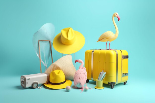 Vakantie concept reizen gele flamingo zomer achtergrond zomer zonnebril blauwe koffer Generatieve AI