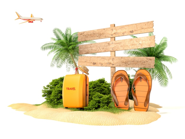 Vakantie concept. Strand met palmboom, koffer en slippers