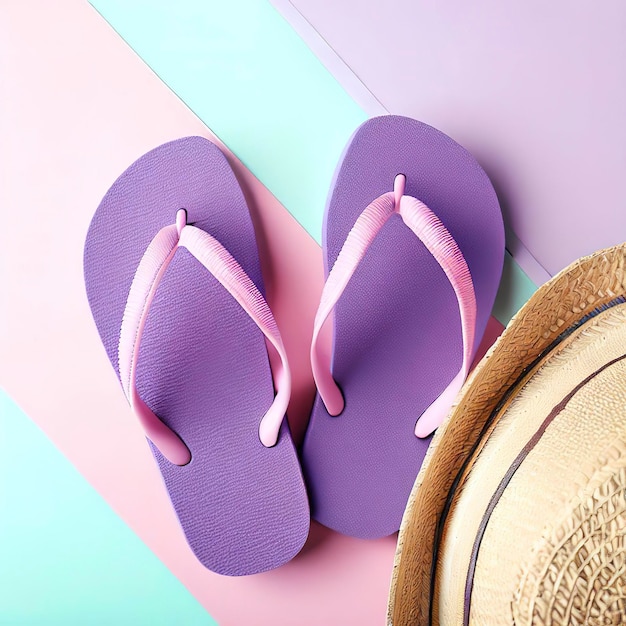 Vakantie- en zomerbeeld met paarse flip-flops op een pastelkleurige achtergrond