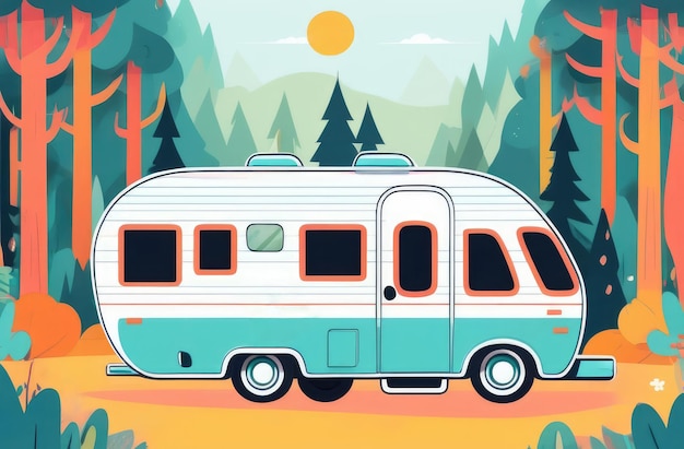 vakantie in de wilde natuur plat illustratie motorhome geparkeerd in het bos tussen de bomen