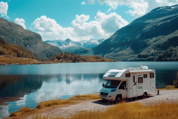 Vakantie met caravan auto Gezinsreis RV vakantie reis in camper met prachtig natuurlandschap