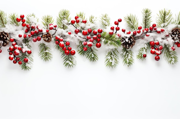 Foto vakantie rand van dennen takken op witte achtergrond voor kerstmis in de stijl van sneeuw scènes met lege ruimte voor tekst generatieve ai