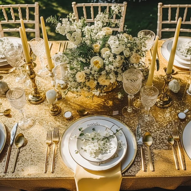 Vakantie tablescape gouden formele eettafel gedekte tafel scape met gouden decoratie voor huwelijksfeest en evenementviering generatieve ai