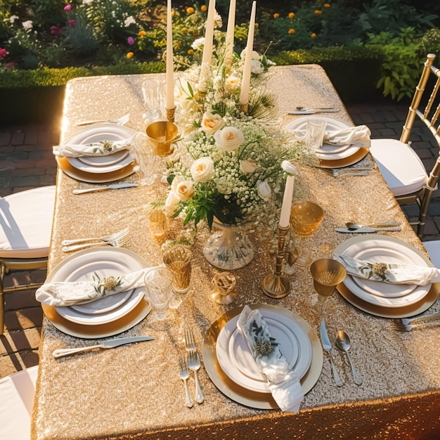 Vakantie tablescape gouden formele eettafel gedekte tafel scape met gouden decoratie voor huwelijksfeest en evenementviering postprocessed generatieve ai