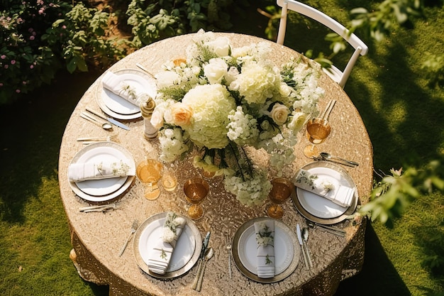 Vakantie tablescape gouden formele eettafel gedekte tafel scape met gouden decoratie voor huwelijksfeest en evenementviering postprocessed generatieve ai