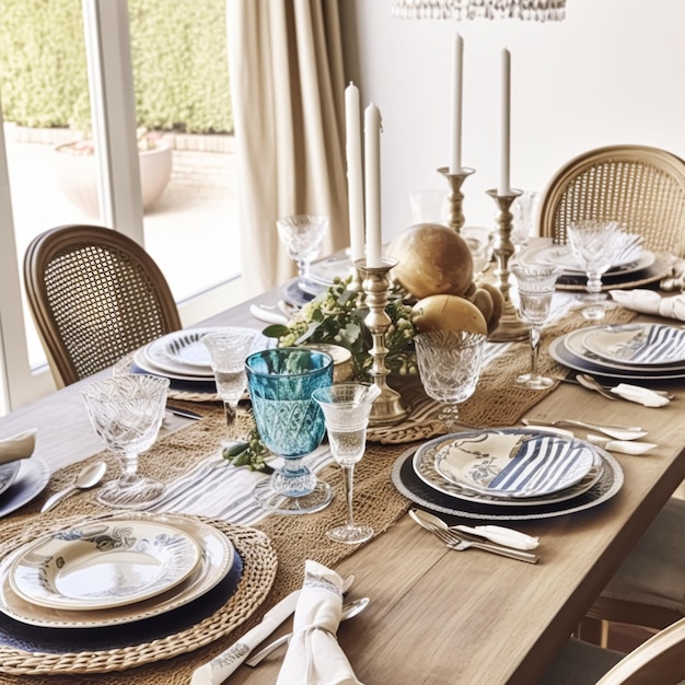 Vakantie tablescape met blauwe details formeel diner tafel dekken tafel scape met decoratie voor bruiloftsfeest en evenementviering postprocessed generatieve ai