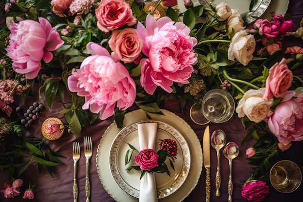Vakantie tafel landschap formele diner tafel instelling roze pioen tafel landschap met pioenen decoratie voor bruiloft feest en evenement viering generatieve ai