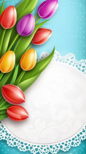 Vakantie viering spandoek met kleurrijke tulpen voorjaarsbloemen en kleurrijke versierde paaseieren op lichte achtergrond Gelukkige paaskaart spandoek feestelijke achtergrond Close up Kopieer ruimte