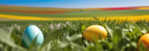 Vakantie viering spandoek met schattige Pasen konijn met versierde eieren en lente bloemen op groene lente weide Konijn in het landschap Gelukkige Pasen kaart spandoek feestelijke achtergrond Kopieer ruimte