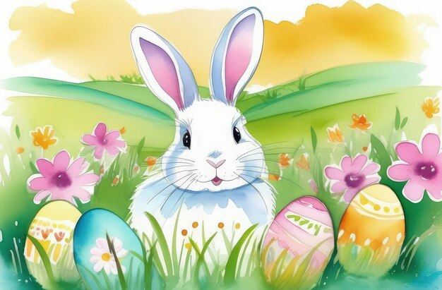 Vakantie viering spandoek met schattige Pasen konijn met versierde eieren en lente bloemen op groene lente weide Konijn in het landschap Gelukkige Pasen kaart spandoek feestelijke achtergrond Kopieer ruimte