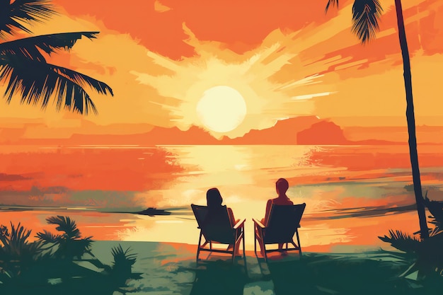 Vakantie zomer zonsondergang retro en moderne stijl voor een kaartje