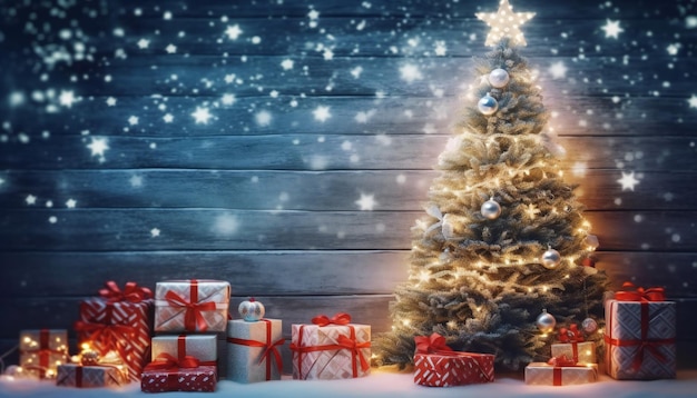 Vakantieachtergrond met verlichte kerstboom en geschenken