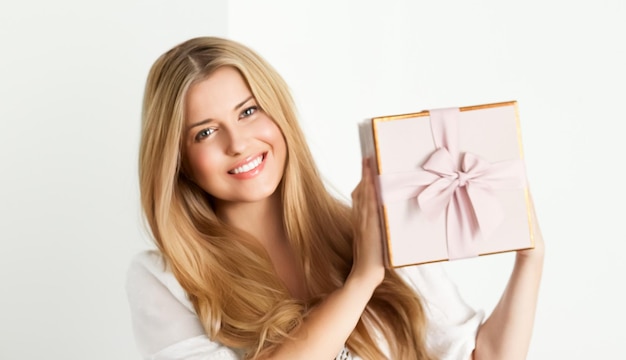 Vakantiecadeau voor verjaardag baby shower bruiloft of luxe beauty box abonnement levering gelukkige vrouw met een ingepakt roze cadeau