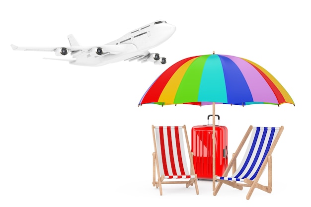 Vakantieconcept. Vliegtuig vliegen naar strandstoelen met paraplu en koffer op witte achtergrond. 3D-rendering.