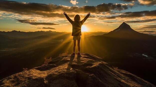 Foto vakantieganger geniet in eenzaamheid van een adembenemende zonsondergang in de bergen