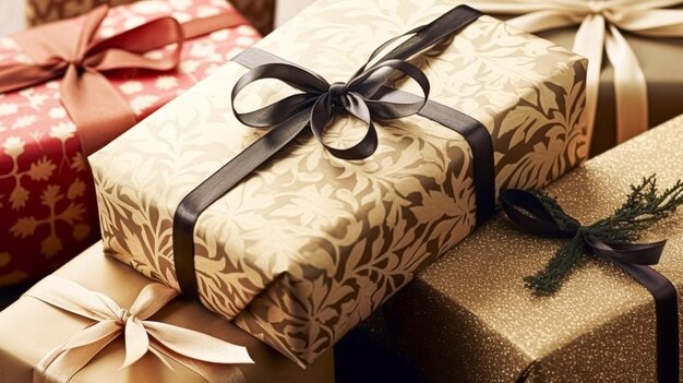 Foto vakantiegeschenken en cadeautjes in landelijke stijl verpakte geschenkdozen voor tweede kerstdag kerstmis valentijnsdag en feestdagen winkelen verkoop beauty box levering idee