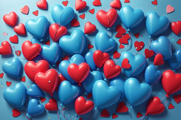 Vakantieillustratie van vliegende bos blauwe ballonharten gelukkige Valentijnsdag