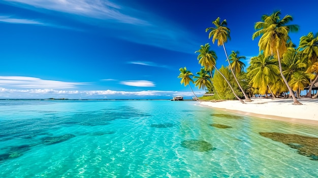 Vakantieoord paradijselijk eiland met zandstrand en palmbomen in de blauwe oceaanbanner gemaakt met Generative AI