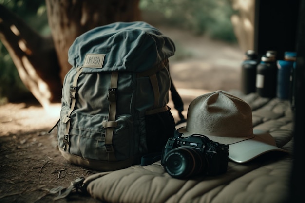 Vakantieweekend in de natuur met rugzak Zonsondergang in het bos Berglandschap reizen lifestyle kamperen Zomerreis in de natuur Ontspannen en liggen in een slaapzak in een tent