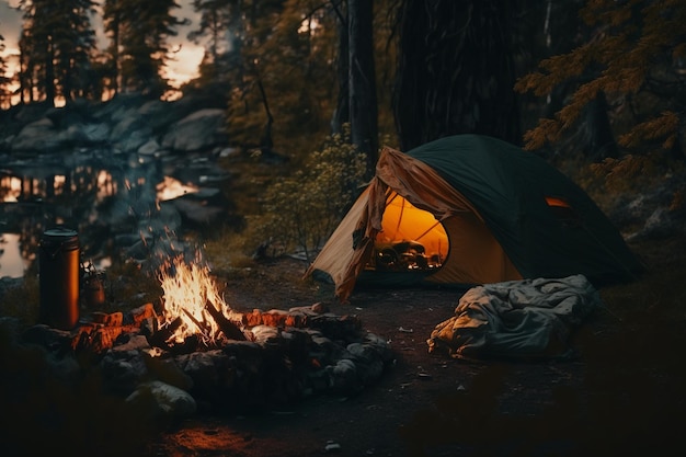 Vakantieweekend in de natuur met rugzak Zonsondergang in het bos Berglandschap reizen lifestyle kamperen Zomerreis in de natuur Ontspannen en liggen in een slaapzak in een tent