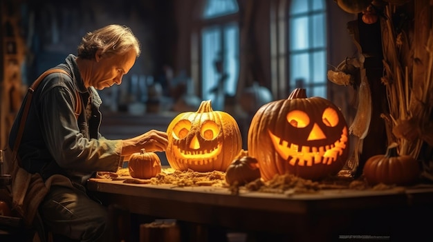 Vakman die pompoenen voorbereidt op Halloween in zijn atelier