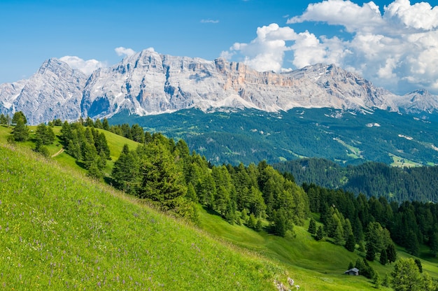 Val Badia en Sas dla Crusc gezien vanaf de Peitlerkofel, bij Antermoia, in de Dolomieten