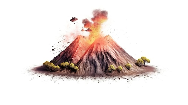 Вулкан с потоком лавы, изолированным на белом фоне