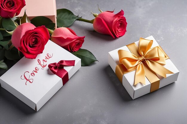 Valentijnsdag achtergrond Bloem rozen doos met geschenk en inscriptie liefde met plaats voor tekst